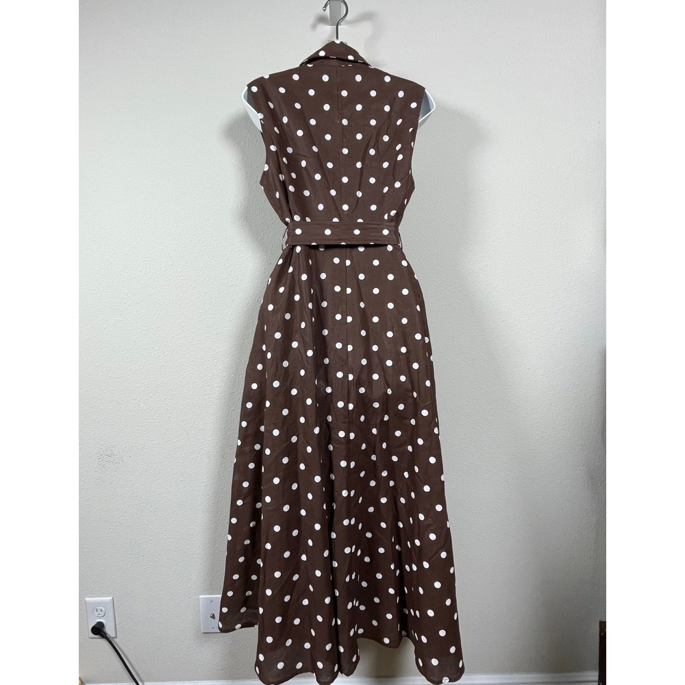 Linen Vibes Polka Dot Midi Dress Women M Brown Rockabilly Feminine Sleeveless - Picture 9 of 11